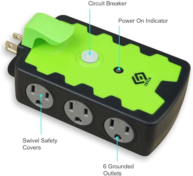 OSKOS 6-Grounded-Outlet Power Hub with Swivel Safety Cover (ETL Listed), Outdoor Use, Resettable 15A Circuit Breaker, 25FT Extension Cord with Locking Outlet (UL Certified). Combo Pack.
