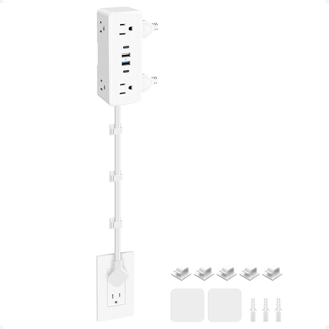 Electrical Outlet Extender Stick, Features 4 USB & 6 Outlets, 19in Flexible Extension Cord Access Hard-to-Reach Outlets, Wall Plug Power Socket Expander Nightstands Sofa Desk