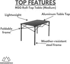 MOUNTAIN SUMMIT GEAR Heavy-Duty Roll-Top Table for Camping - Portable Aluminum-Top Folding Table with Steel Frame by Caddis Sports (Medium)