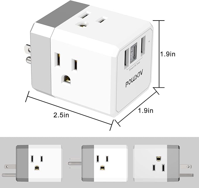 Cruise Ship Essentials, 3-Side Outlet Splitter with 3 USB Ports(1 USB C) USB Wall Charger, Outlet Extender for Home, Office and Cruise, ETL Listed, White