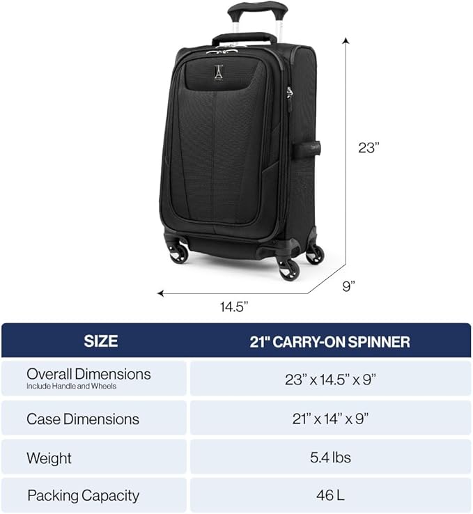 Travelpro Maxlite 5 Softside Expandable Luggage with 4 Spinner Wheels, Lightweight Suitcase, Men and Women, Black, Carry-on 21-Inch