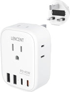LENCENT US to UK Ireland Travel Plug Adapter, PD 45W Grounded Type G Adapter for Travel with 4 Outlets 4 USB Ports(2 USB C), Power Plug for US to Dubai Scotland British London England Singapore