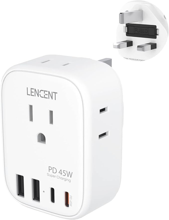 LENCENT US to UK Ireland Travel Plug Adapter, PD 45W Grounded Type G Adapter for Travel with 4 Outlets 4 USB Ports(2 USB C), Power Plug for US to Dubai Scotland British London England Singapore