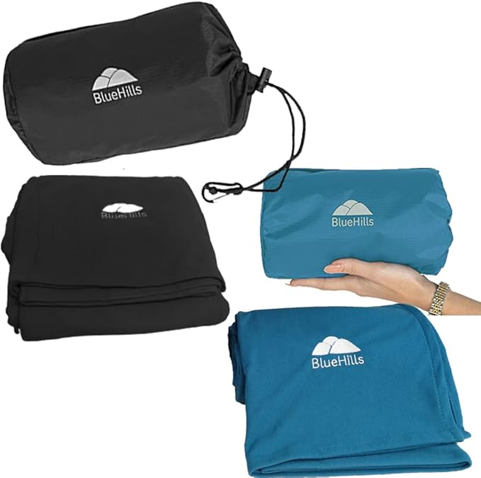 BlueHills Premium Soft Ultra Compact Travel Blanket Value Pack Set of 2 - Airplane Traveling Essentials Flight Blanket Throw in a Portable Bag Car Plane Travel Gift Black and Peacock T