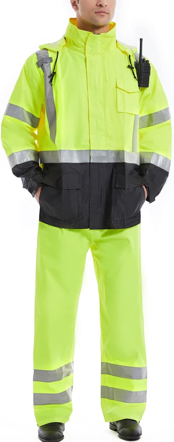 SKSAFETY Hi Vis Safety Rain Jacket for Men, Construction Work Rain Gear Heavy Duty Class 3 Rain Coat Waterproof Lightweight