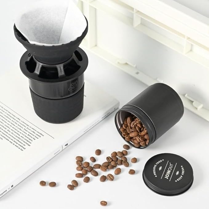 Portable Pour Over Coffee Maker Set with Carrying Case, Collapsible Silicone Dripper, 304 Stainless Steel Filter Cup, V60 Compatible, Black, Outdoor Camping Travel Kit (Black with Cone Filter)