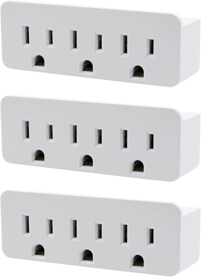 Projectpak 3 Outlet Grounded Wall Adapter - Splitter Extends 1 Outlet to 3 with Phone Securing Lip, Perfect for Travel | Pack of 3