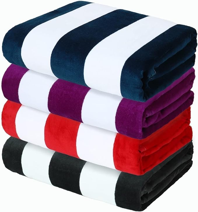 Exclusivo Mezcla 4 Pack Cotton Large 30x60 Inches Soft Cabana Stripe Thick Beach Towel, Super Absorbent Travel Bath Pool Towel (Red/Grey/Navy/Purple)