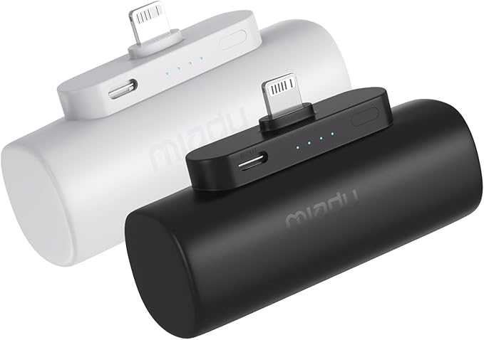 Miady 2-Pack Mini Portable Charger Built-in Connector for iPhone 14/13 Series, 5000mAh Small Power Bank 5V 2.1A Output Ultra-Compact Battery Pack Compatible with iPhone 12/11/XR etc Not for Android