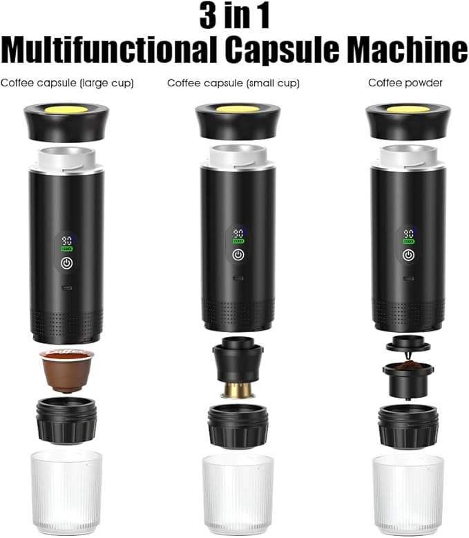 Portable 3-in-1 Espresso Coffee Maker – Self-Heating, Rechargeable USB-C & Smart LED Display, 20-Bar Extraction, Works with Ground Coffee & NS/DG Capsules, Camping (With Stand Holder)