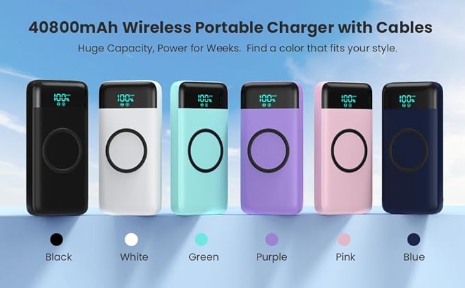 Wireless Portable Charger 40800mAh with 3 Built-in Cables,7-in-1 15W Wireless Charging Power Bank,25W PD QC 4.0 Fast Charging USB C Travel Essentials Battery Pack for iPhone 17/16/15/14,Galaxy,Android