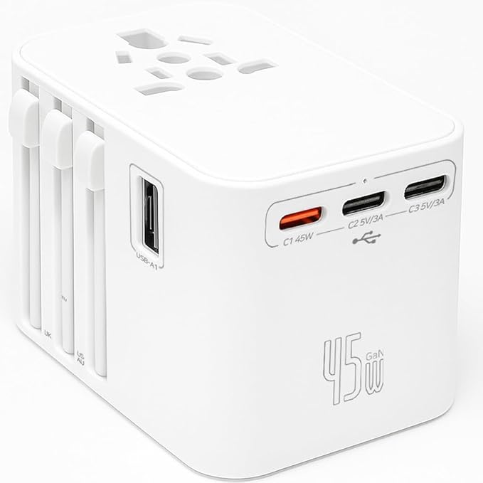 45W Universal Travel Adapter – Compact Plug with 3 USB-C & 2 USB-A Ports for EU/UK/US/AU, International Power Adapter Worldwide Charger, CE/FCC/RoHS Certified (White New)