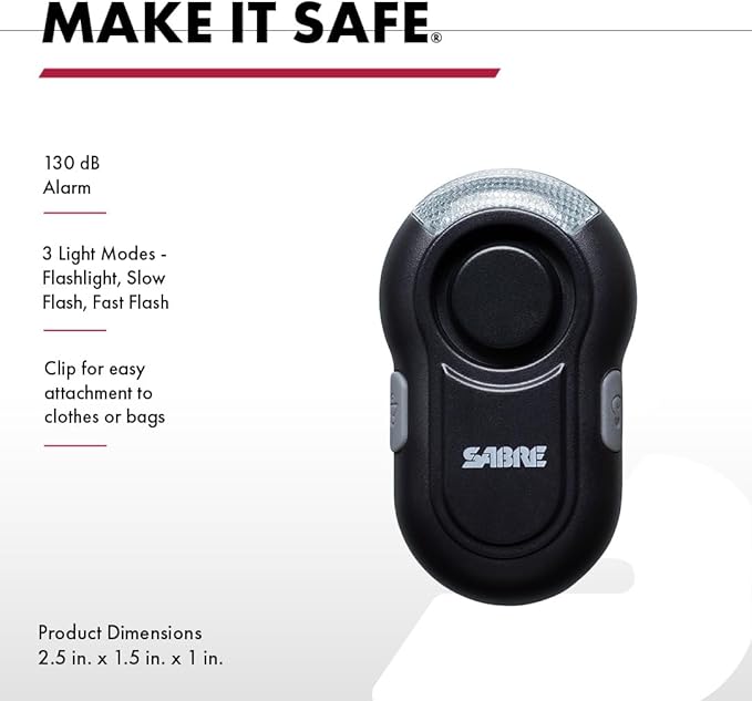 Sabre 2-in-1 Clip-On Personal Alarm with LED Safety Light, 120dB Alarm, Audible Up to 1,300-Feet (395-Meters