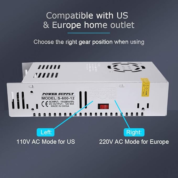 50A 600W 12V DC Power Supply, Universal Regulated Switching AC 110V/220V to DC Converter (SMPS) Transformer Driver Adapter for LED Strip Lights, CCTV Camera System, 3D Printer, Radio, Computer Project