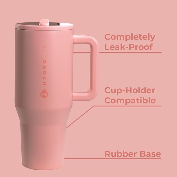 HydroJug Traveler - 40 oz Water Bottle with Handle & Flip Straw - Fits in Cup Holder, Leak Resistant Tumbler-Reusable Insulated Stainless Steel & Rubber Base - Gifts for Women & Men, Tulip