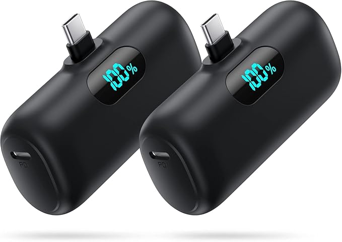 [2-Pack] Mini Portable Charger USB C Power Bank,Upgraded 5000mAh PD Fast Charging Battery Pack Built-in USB-C Connector Travel Essential for iPhone17/17Pro/17Pro Max/Air/16 Plus/16Pro Max/15 Series