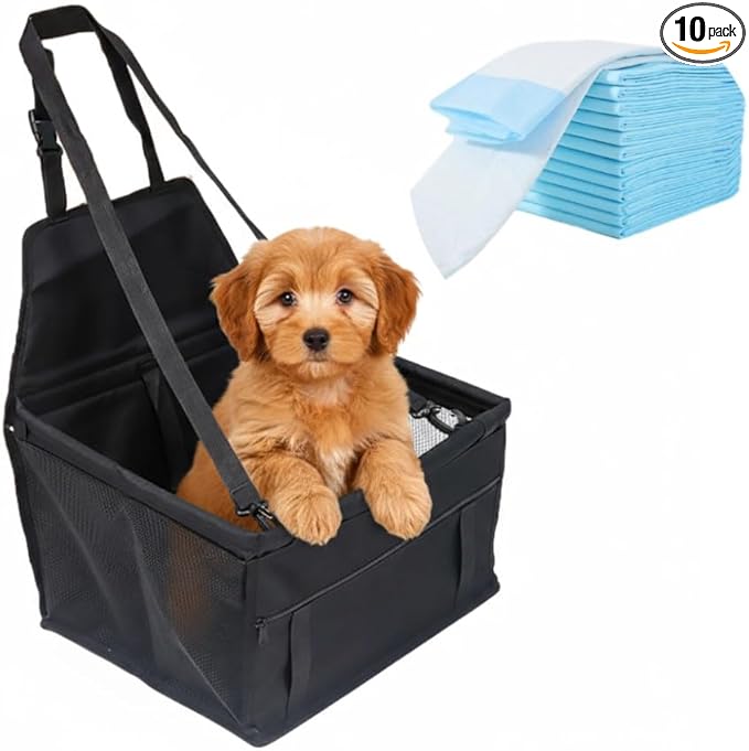 Small Dog Car Seat, Portable Foldable Breathable, Clip-On Safety Leash, Waterproof Oxford Travel Bag, Mesh Window for Pets Up to 15 lbs with 10PCS Pee Pads