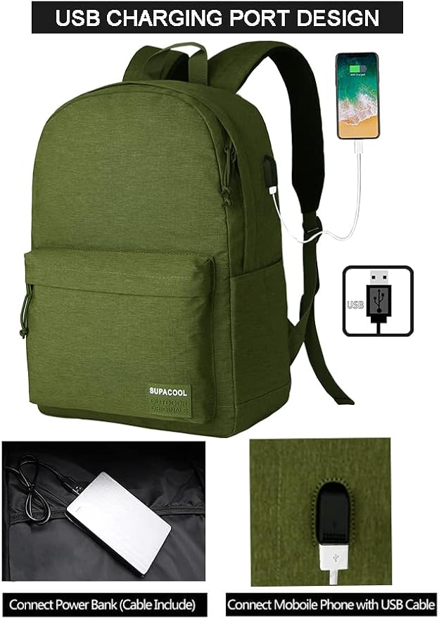 SUPACOOL Casual Laptop Backpack for Men and Women, Backpack for College, USB Charging Port, Lightweight Pack Back(Olive)