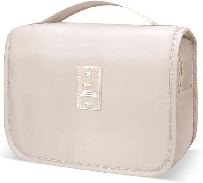 Lcsmaokin Large Capacity Toiletry Bag Travel Bag with Hanging Hook for Men and Women Waterproof Travel Cosmetic Bag Bathroom Storage Bag for Brushes Set, Full-Sized Shampoo,Accessories(Beige)