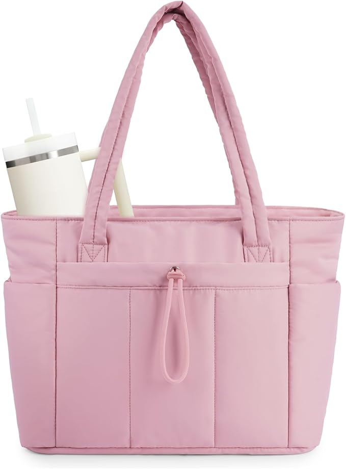 Wandering Nature Puffer Tote Bag with Cup Holder & Laptop Compartment & Trolley Sleeve for Travel, Work, Nurse, Women