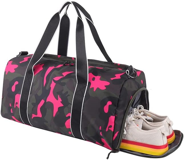 mezhsa Kids Overnight Duffle Bag Girls Boys Sports Gym Bag with Shoe Compartment Wet Pocket Camouflage travel bag (Ping)