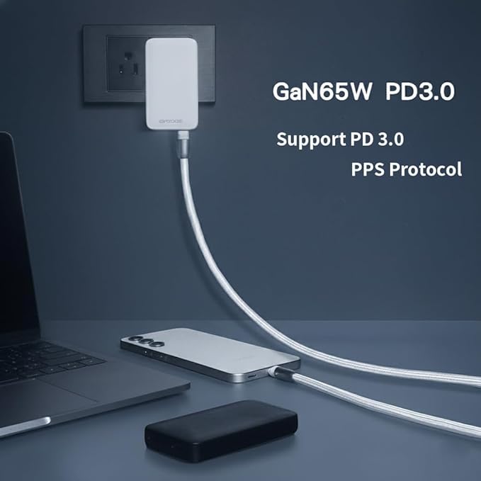 65W USB C Charger, GaN Power Pro PPS Multiple Port, Compact Foldable Travel Adapter, Compatible with MacBook Air Pro, Dell XPS, iPad, iPhone, Galaxy, Model JC-365W