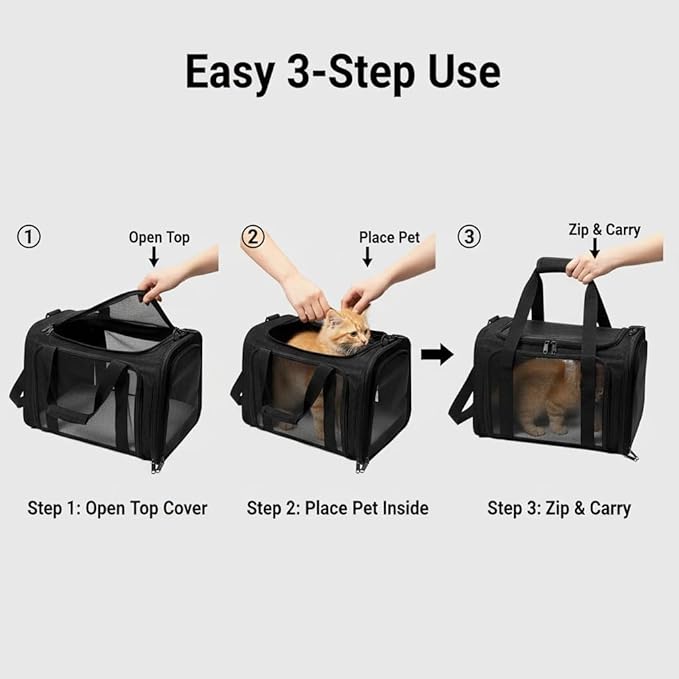 Dog Carrier for Pets, Up to 25 Lbs, Collapsible Travel Carriers for Puppy with Shoulder Strap and Removable Mat, 20x13x13 Inch, Black