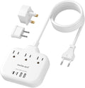 European Travel Plug Adapter, International Power Adapter, US to UK Europe Power Strip for EU/UK/US with 3 AC Outlets & 4 USB(2 USBC), 5ft Extension Cord, Type C for EU UK Europe Germany France, White