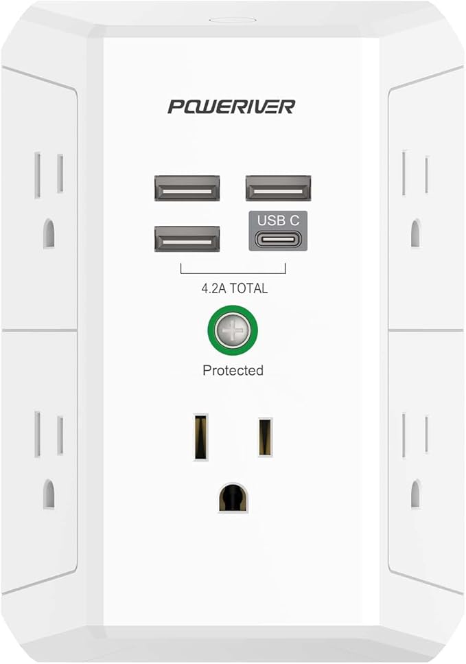 USB Wall Charger, POWERIVER Multi Outlet Extender Surge Protector with 4 USB Ports, 1680J Wall Outlet Adapter Spaced for Home School Office, ETL Listed, White