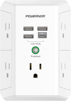 USB Wall Charger, POWERIVER Multi Outlet Extender Surge Protector with 4 USB Ports, 1680J Wall Outlet Adapter Spaced for Home School Office, ETL Listed, White