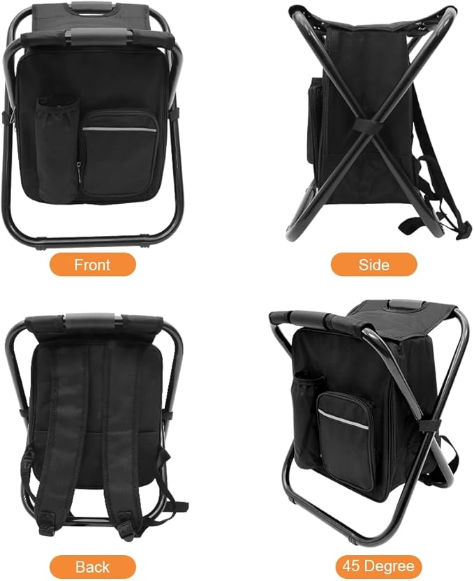 YESIACE Portable Folding Camping Stool, Backpack with Cooler Bag, Hiking Seat, Outdoor Fishing Hunting Gifts, Black