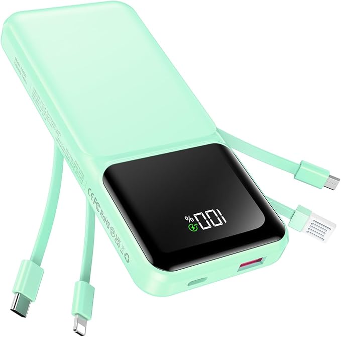 Portable Charger with Built in Cable - 20000mAh Fast Charging Power Bank USB C Slim 22.5W LED Display Battery Pack 5 Outputs & 3 Inputs for Travel Essentials iPhone Samsung Android Phones Tablets Cyan
