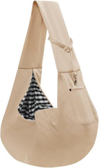 Dog Carrier Sling - Reversible Puppy Carrier Purse with Storage Pocket, Hand-Free Dog Sling Carrier for Carry Small Dogs and Cats, Travel Safety Harness, Dog and Cat Harness (Apricot)