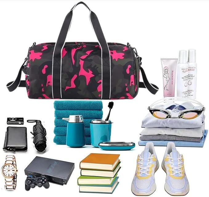 mezhsa Kids Overnight Duffle Bag Girls Boys Sports Gym Bag with Shoe Compartment Wet Pocket Camouflage travel bag (Ping)
