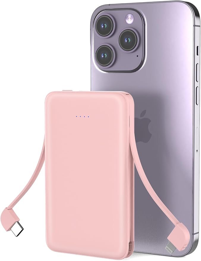 Sethruki Smallest Portable Charger with Built-in Cables 5000mAh,Ultra Slim Power Bank,Mini High Speed External Battery Packs,Lightweight USB C Phone Charger for iPhone Samsung Google Android (Pink)