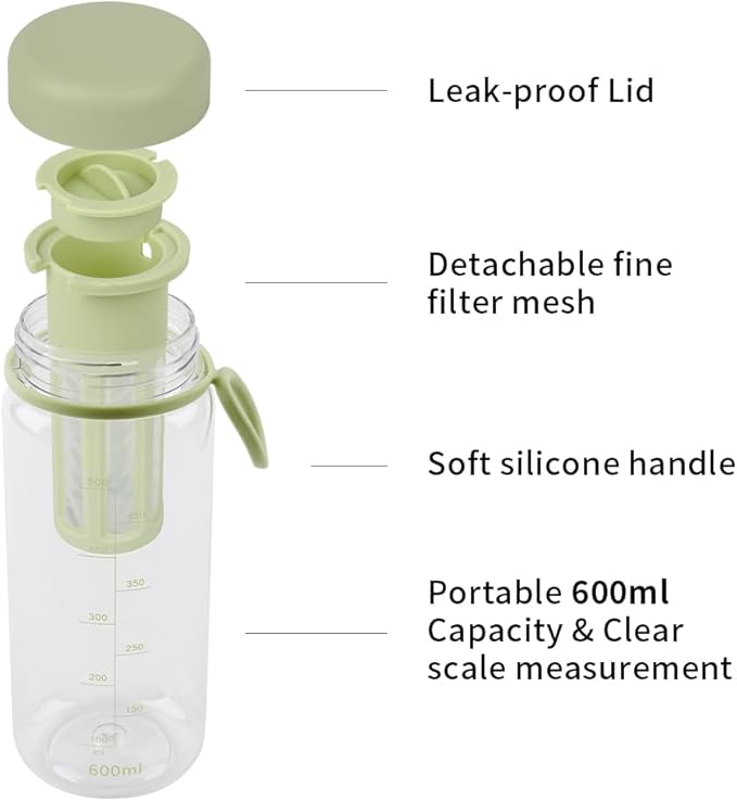 watchget Cold Brew Coffee Maker Travel Tumbler with Soft Silicone Handle Portable Iced Coffee & Tea Infuser with Airtight Lid Cold Brew Travel Cup 20oz/600ml Green