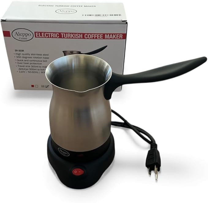 Electric Turkish Coffee Maker Kettle Pot Stainless Steel Cool Touch Handle Travel Size, Fast Boil & Keeps Water Boiling for Arabic & Greek Coffee, Tea 0.3L (SILVER)