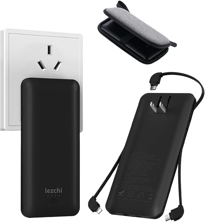 Portable Power Bank, Ultra Slim 10000mAh Portable Charger with Built in Cable, USB C External Battery Pack with Built-in AC Wall Plug Compatible with iPhone Smartphone Tablet…