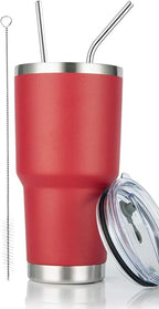 D·S 30oz Red Tumbler Stainless Steel Double Wall Vacuum Insulated Mug with Straw and Lid, Cleaning Brush for Cold and Hot Beverages (30oz Red)