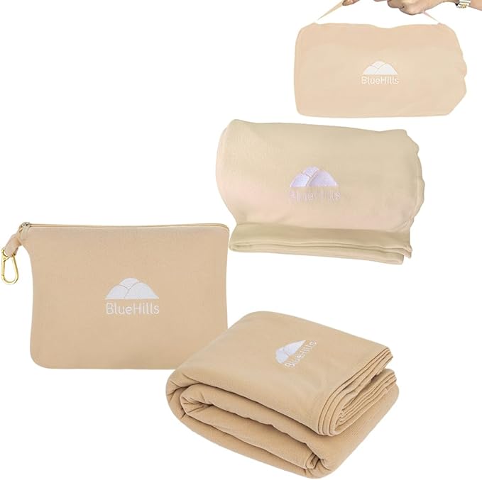 BlueHills Ultra Compact and Compact Light Travel Blankets for Two Value Pack Set of 2 – Airplane Travel Essentials Soft Flight Trips Throw in Portable Cases for Car Plane Travel Gifts – Beige