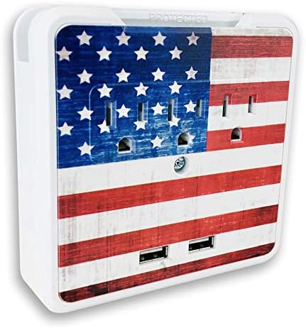 Glamsockets Decorative Wall Mount Surge Protector with 3 Outlets, Dual USB Charging Ports and Phone Holder - USB Charging Center/Multi Function Wall Tap (Vintage American Flag)