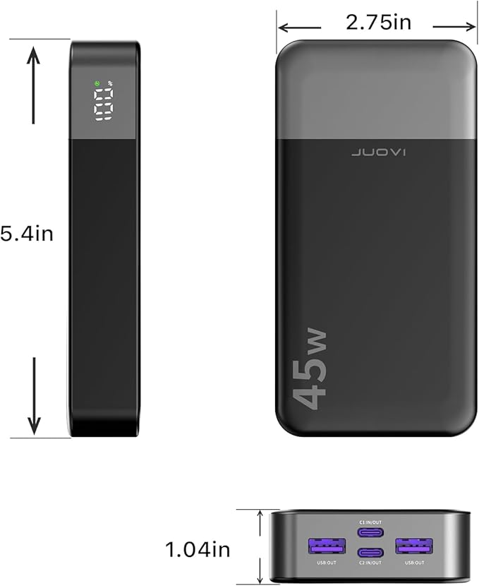 JUOVI J2621 Power Bank Portable Charger 20000mAh 45W, PD3.0 QC 4.0 Fast Charging Battery Pack with LED Display,2 USB-C,2 USB-A for iPhone 15 16, MacBook