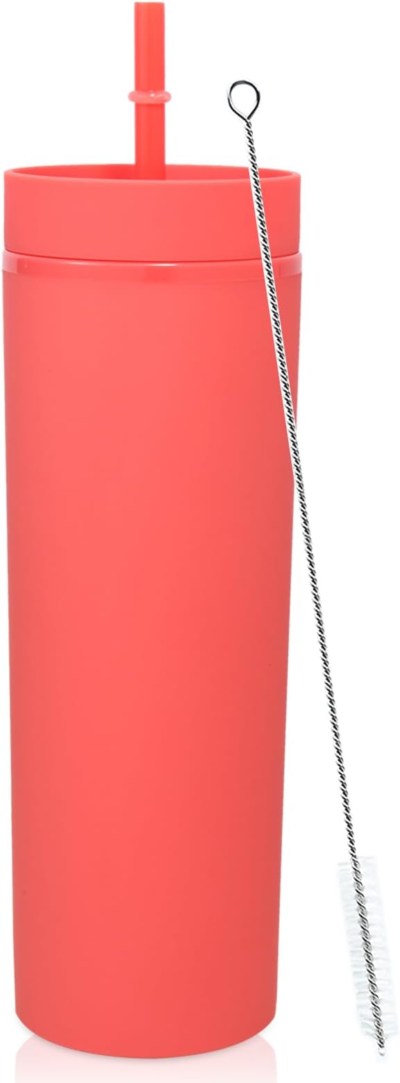 Volhoply 20oz Plastic Skinny Tumbler,Double Wall Tumblers with Lid and Straw,Reusable Travel Iced Coffee Mug,BPA Free Matte Acrylic Water Cups With Straw for Parties,DIY Gifts(Red, 1 Set