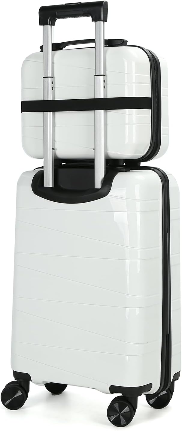 21" Hardside Carry On Luggage 22x14x9 Airline Approved with Spinner Wheels, Lightweight Suitcase Set with Phone Holder and USB Port, 2 Piece (Pearl White, 21" Carry On & 14" Cosmetic Case)