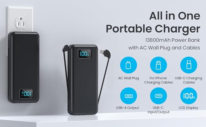 Portable Charger for iPhone with Built in Cables & Wall Plug,10800mah Travel Essentials Power Bank,4 Output LCD Display External Battery Pack Phone Charger for iPhone 17/16/15/14,Galaxy,Android etc