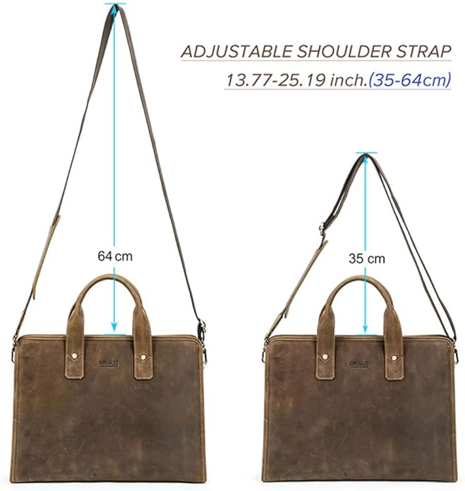 Contacts Leather Briefcase for Men 14 Inch Laptop Bag, Crazy Horse Leather Messenger Bag Brown Business Bag Satchel Shoulder Handbag