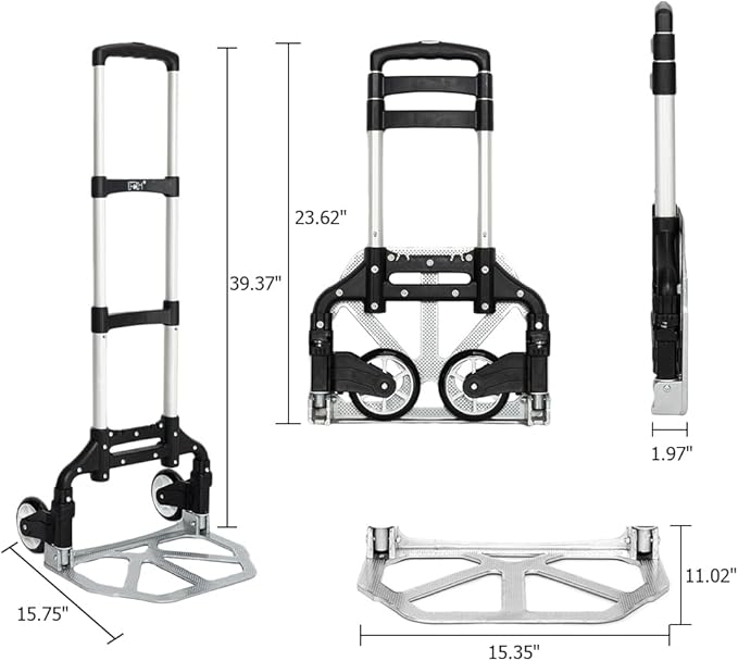 Aluminum Folding Hand Trucks, Foldable Roller Shopping Trolley Collapsible 2 Wheel Trolley Expandable Large Chassis Foldable intoBackpack for Moving Travel Shopping Airport Office,Black