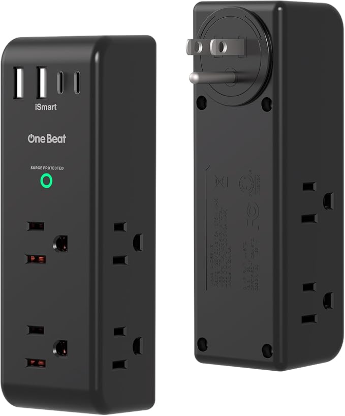 Surge Protector Outlet Extender with Rotating Plug, 6 AC Multi Plug Outlet with 4 USB Ports (2 USB C), 3-Sided 1800 J Swivel Power Strip with Spaced Outlet Splitter for Home Dorm, Black, 2 Pack