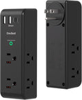 Surge Protector Outlet Extender with Rotating Plug, 6 AC Multi Plug Outlet with 4 USB Ports (2 USB C), 3-Sided 1800 J Swivel Power Strip with Spaced Outlet Splitter for Home Dorm, Black, 2 Pack