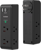 Surge Protector Outlet Extender with Rotating Plug, 6 AC Multi Plug Outlet with 4 USB Ports (2 USB C), 3-Sided 1800 J Swivel Power Strip with Spaced Outlet Splitter for Home Dorm, Black, 2 Pack
